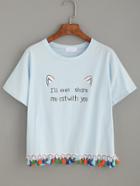 Romwe Blue Fringe Letters Print T-shirt