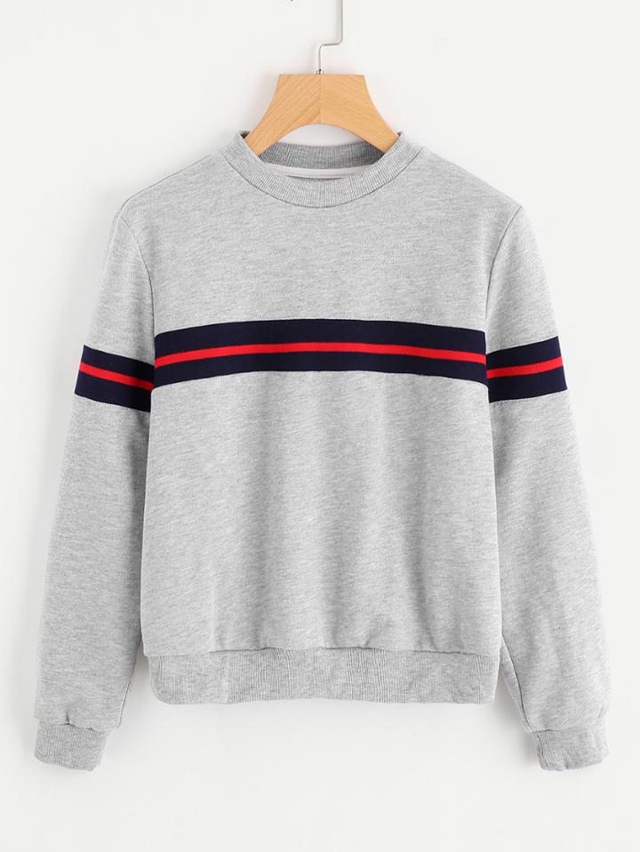 Romwe Striped Panel Heather Knit Sweatshirt