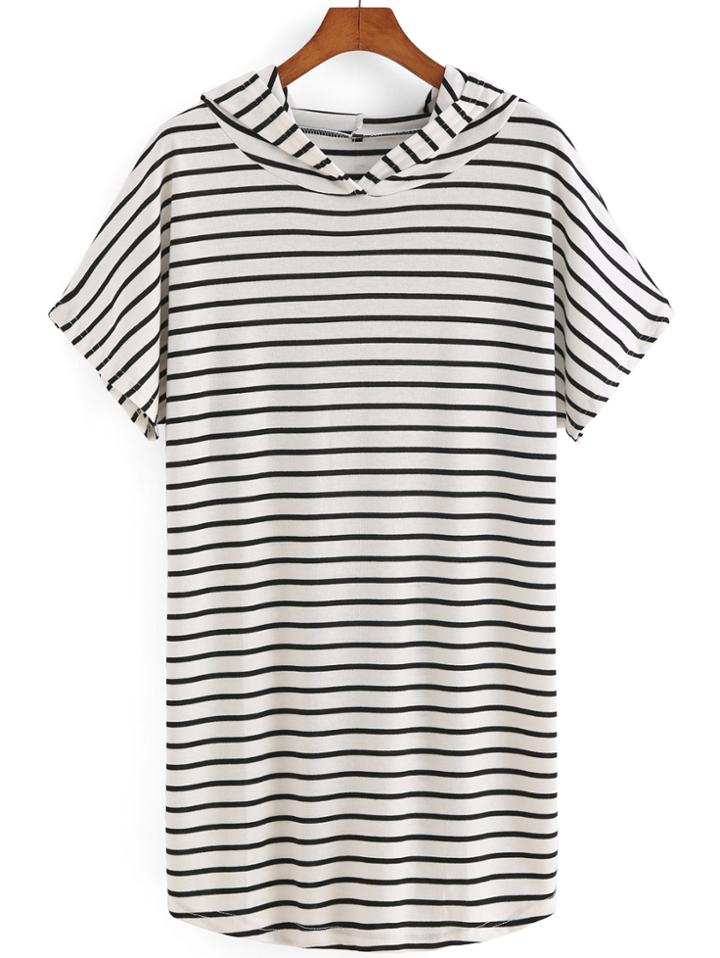 Romwe Hooded Striped Loose White T-shirt