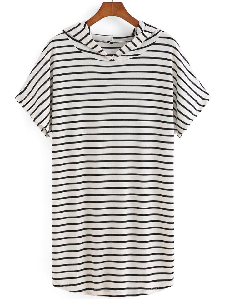 Romwe Hooded Striped Loose White T-shirt