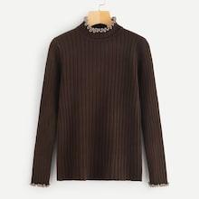 Romwe Ribbed Lettuce Trim High Neck Jumper