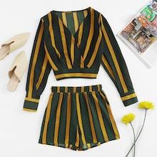 Romwe Striped Wrap Top With Shorts