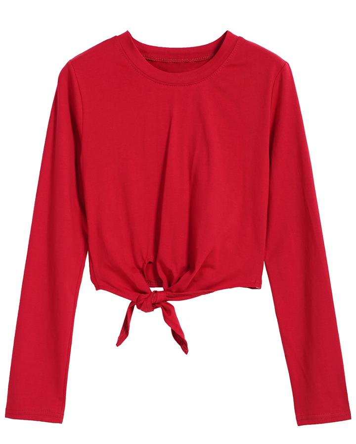 Romwe Crop Long Sleeve Red T-shirt