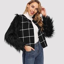Romwe Faux Fur Sleeve Grid Coat