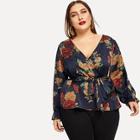 Romwe Plus Floral Print Self-tie Waist Blouse