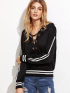Romwe Black Striped Trim Lace Up Front Hooded Sweatshirt