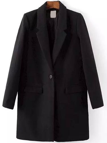 Romwe Lapel Single Button Pockets Woolen Black Coat