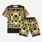 Romwe Men Golden Print Tee With Shorts