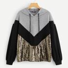Romwe Contrast Sequin Cut-and-sew Chevron Hoodie