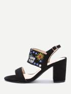 Romwe Black Embroidery Strap Chunky Heeled Sandals