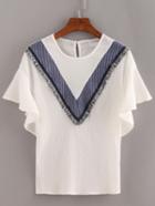Romwe White Ruffle Sleeve Fringe Vertical Striped Shirt