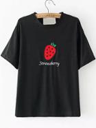 Romwe Strawberry Patch Embroidered Black T-shirt