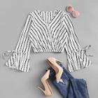 Romwe Fluted Sleeve Knot Detail Striped Blouse