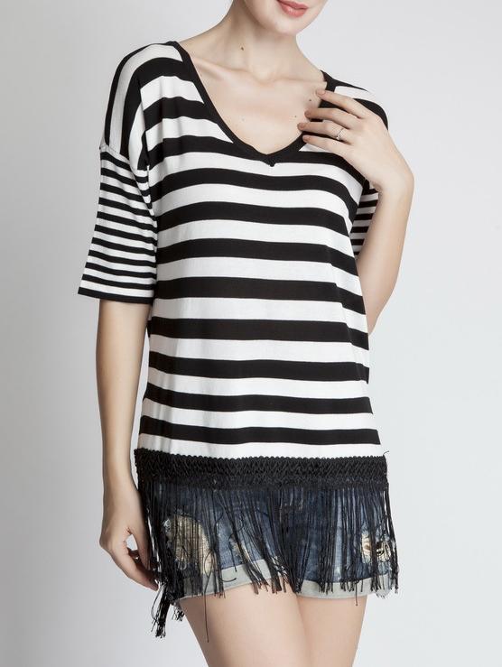 Romwe V Neck Striped Fringe Split Side Knitwear
