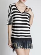 Romwe V Neck Striped Fringe Split Side Knitwear