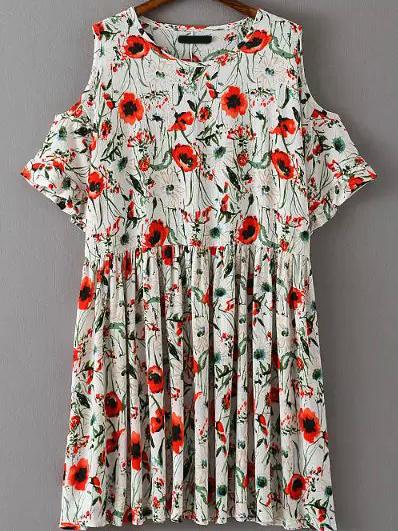 Romwe Open Shoulder Flower Print White Dress
