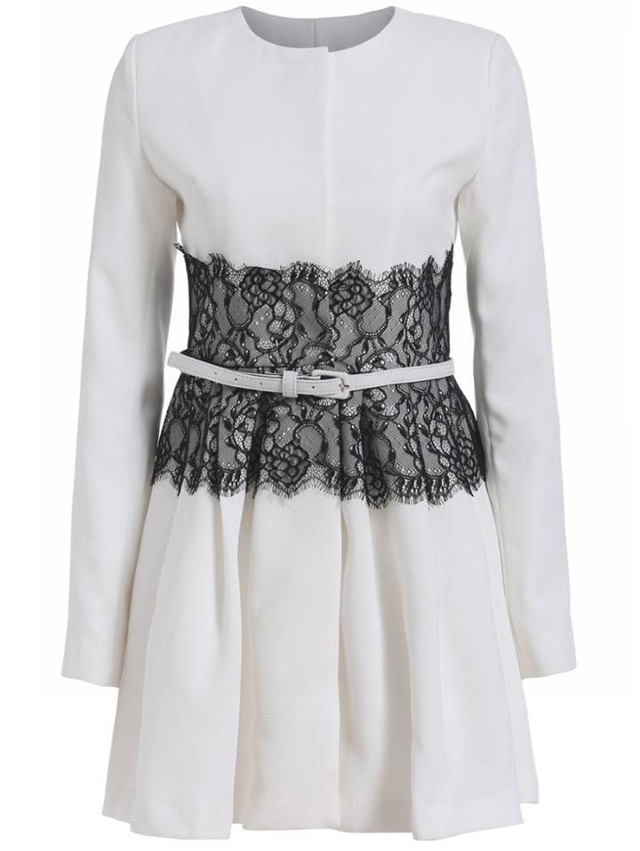 Romwe Long Sleeve Contrast Lace With Belt White Dress