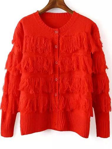 Romwe Round Neck Tassel Button-down Red Cardigan