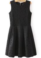 Romwe Sleeveless Pleated Lace Black Dress