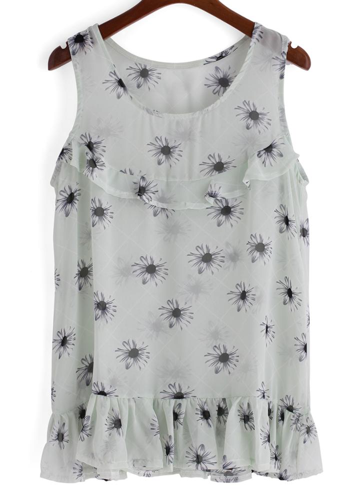 Romwe Peplum Hem Chrysanthemum Print Green Tank Top