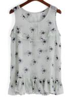 Romwe Peplum Hem Chrysanthemum Print Green Tank Top
