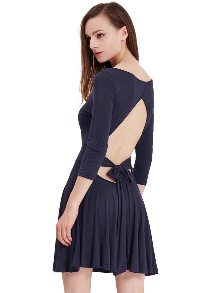 Romwe Navy Half Sleeve Cut Out Back Bow Dress