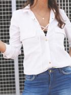 Romwe White Long Sleeve Lace Up Blouses