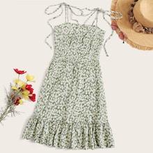 Romwe Tie Shoulder Ruffle Hem Daisy Cami Sundress