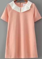 Romwe Doll Collar Short Sleeve With Zipper Shift Pink Dress