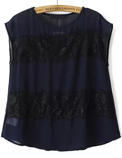 Romwe Sleeveless Lace Chiffon Navy Blouse