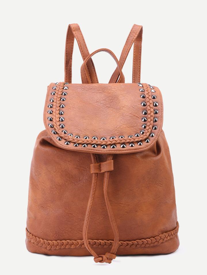 Romwe Brown Pu Studded Drawstring Flap Backpack
