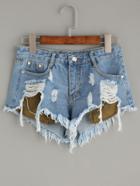 Romwe Blue Ripped Denim Shorts With Stick Out Pockets