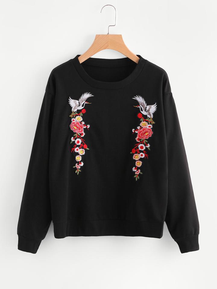 Romwe Symmetrical Floral Embroidered Sweatshirt