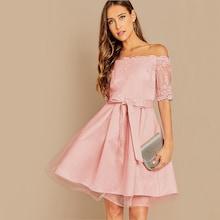 Romwe Guipure Lace Bardot Mesh Flare Prom Dress