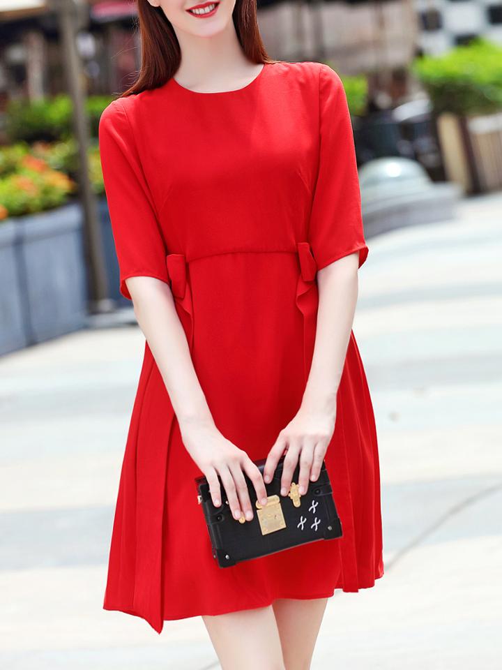 Romwe Red Crew Neck Bowknot A-line Dress