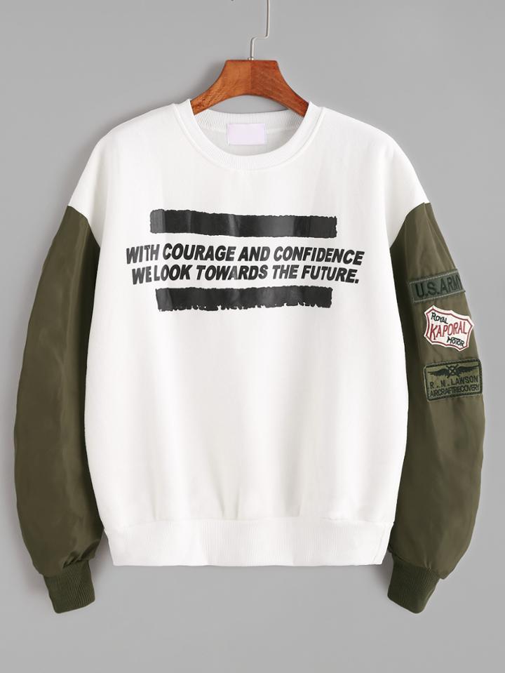 Romwe Contrast Sleeve Letter Print Embroidered Patch Sweatshirt