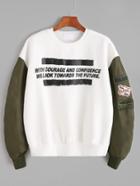 Romwe Contrast Sleeve Letter Print Embroidered Patch Sweatshirt