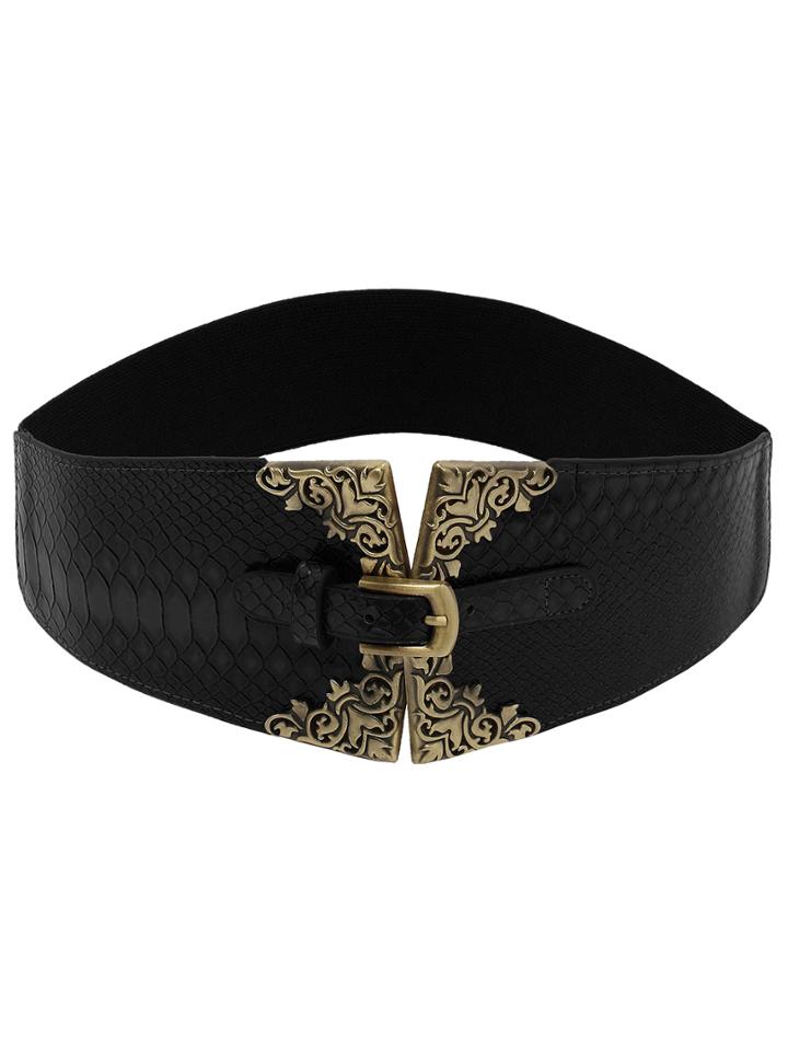 Romwe Metallic Featured Black Crocodile Embossed Elastic Belt