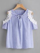 Romwe Crochet Applique Trim Open Shoulder Lace Up Pinstriped Top