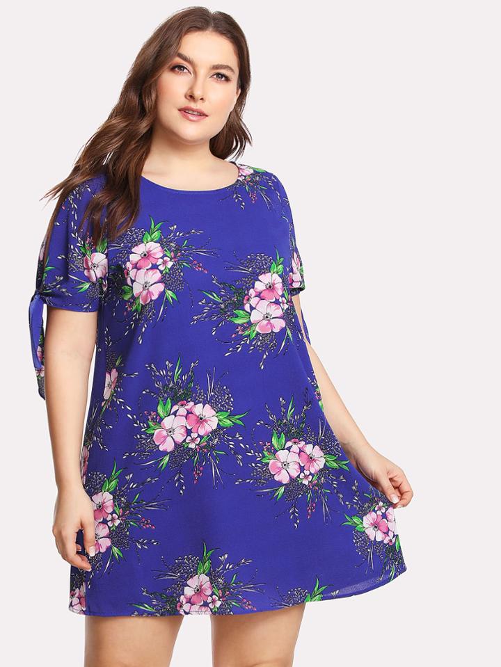Romwe Knot Tied Cuff Flower Print Dress