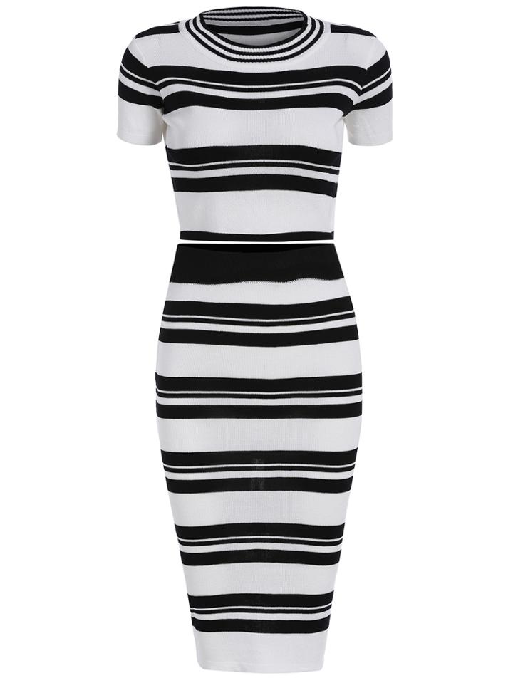 Romwe Short Sleeve Striped Top With Skirt