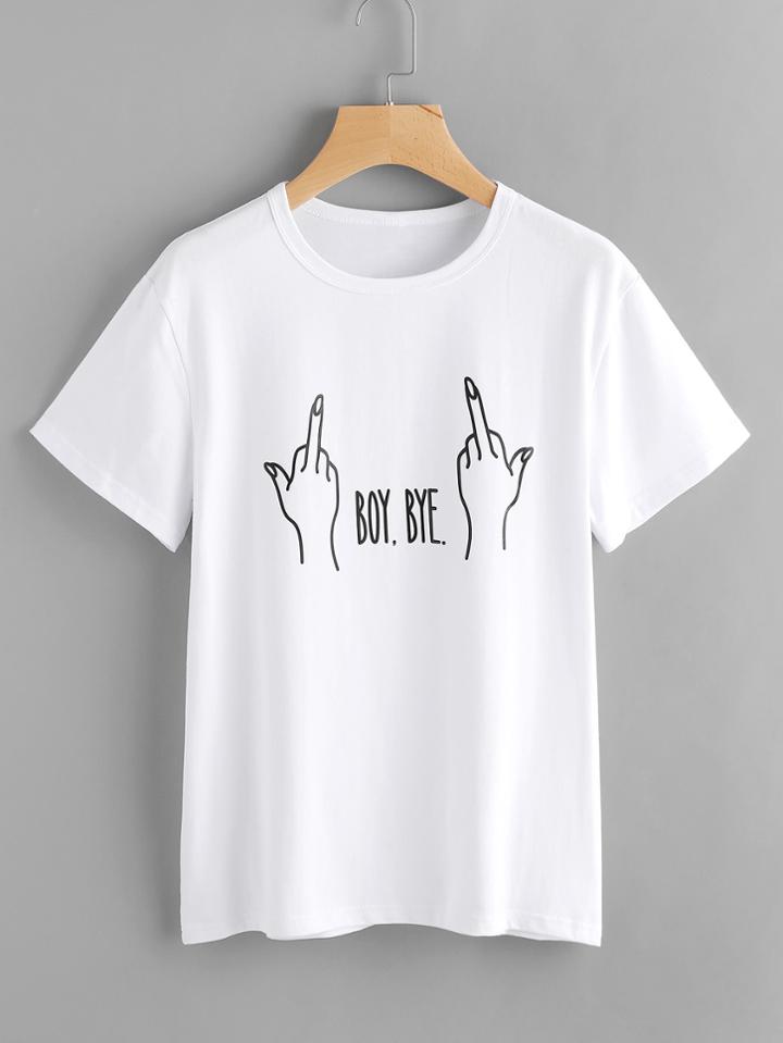 Romwe Letter And Gesture Print T-shirt