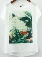 Romwe Dip Hem Bird Print Chiffon T-shirt