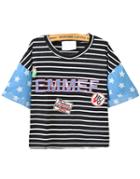 Romwe Striped Emmef Embroidered Stars Print Black T-shirt