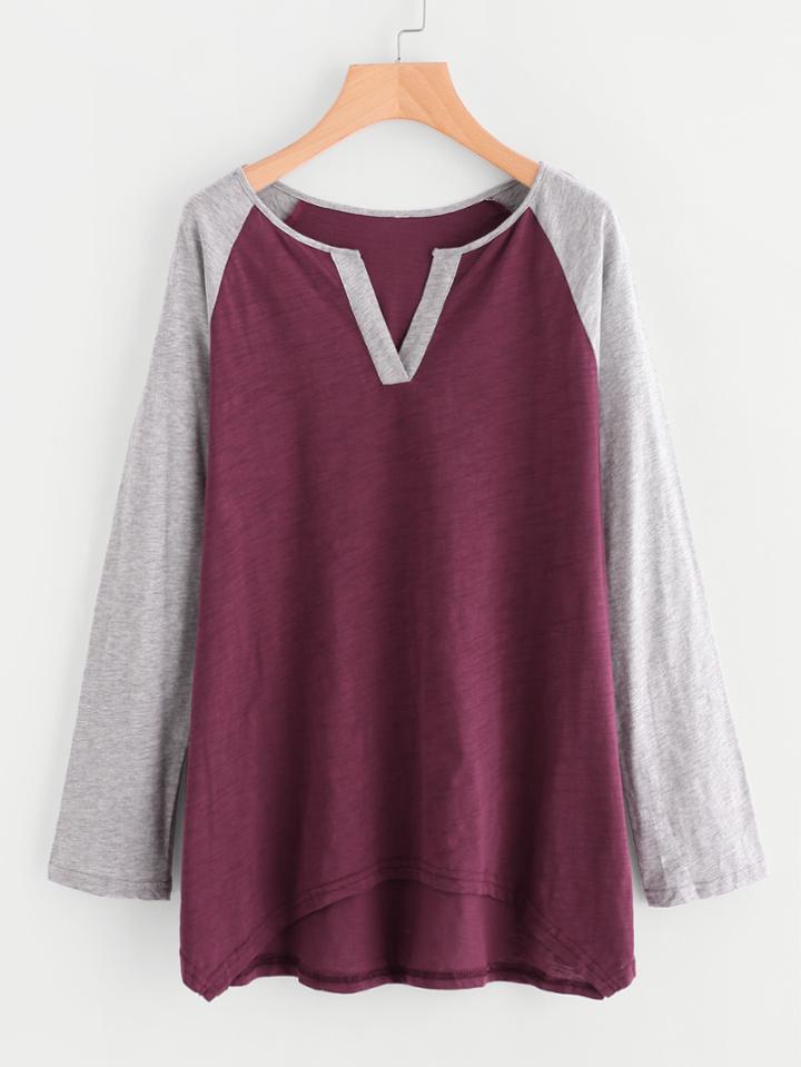 Romwe Contrast V Notch And Raglan Sleeve Slub T-shirt