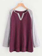 Romwe Contrast V Notch And Raglan Sleeve Slub T-shirt