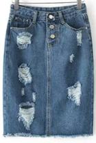 Romwe Blue Pockets Ripped Fringe Denim Skirt