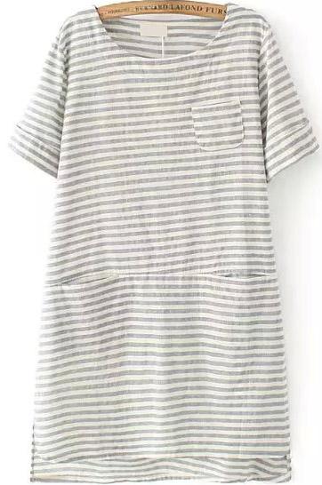 Romwe With Pocket Striped High Low Blue Dress