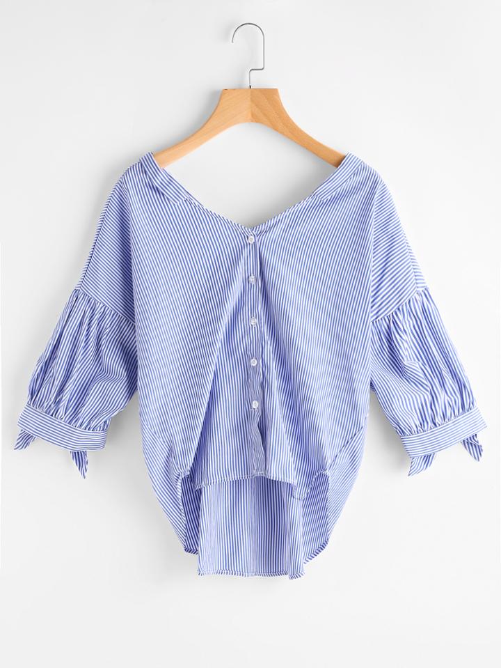 Romwe Pinstriped Tie Back Dip Hem Two Way Blouse