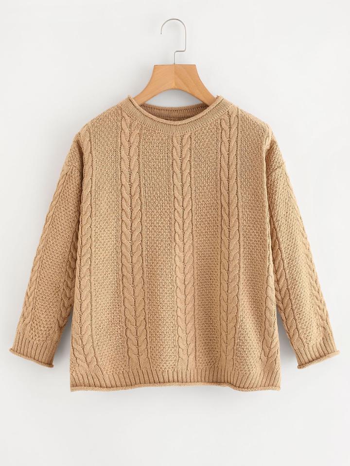 Romwe Rolled Trim Cable Knit Sweater
